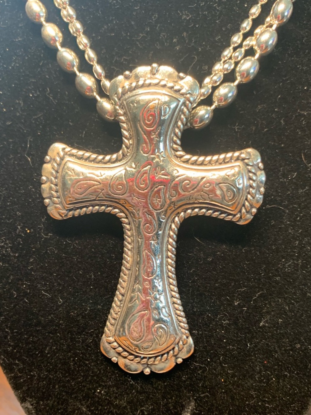 Ornate Embossed Silver Cross Pendant Necklace